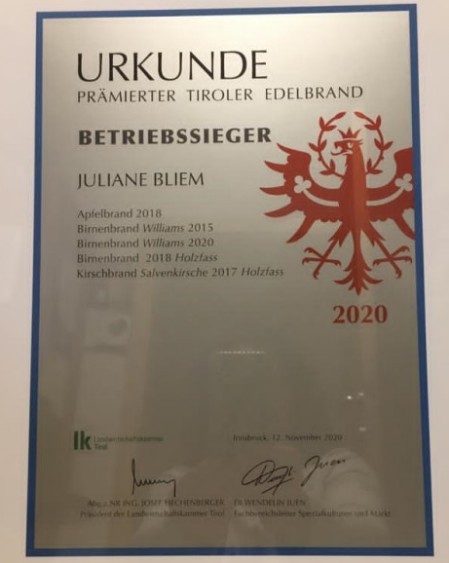 Urkunde zum Edelbrand Betriebssieger 2020